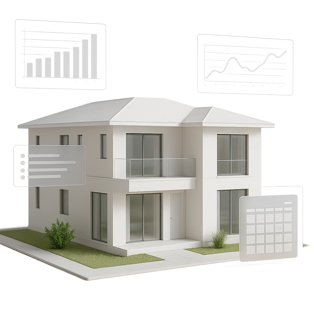 Abstract visualization of a townhouse architectural model with notice period overlays