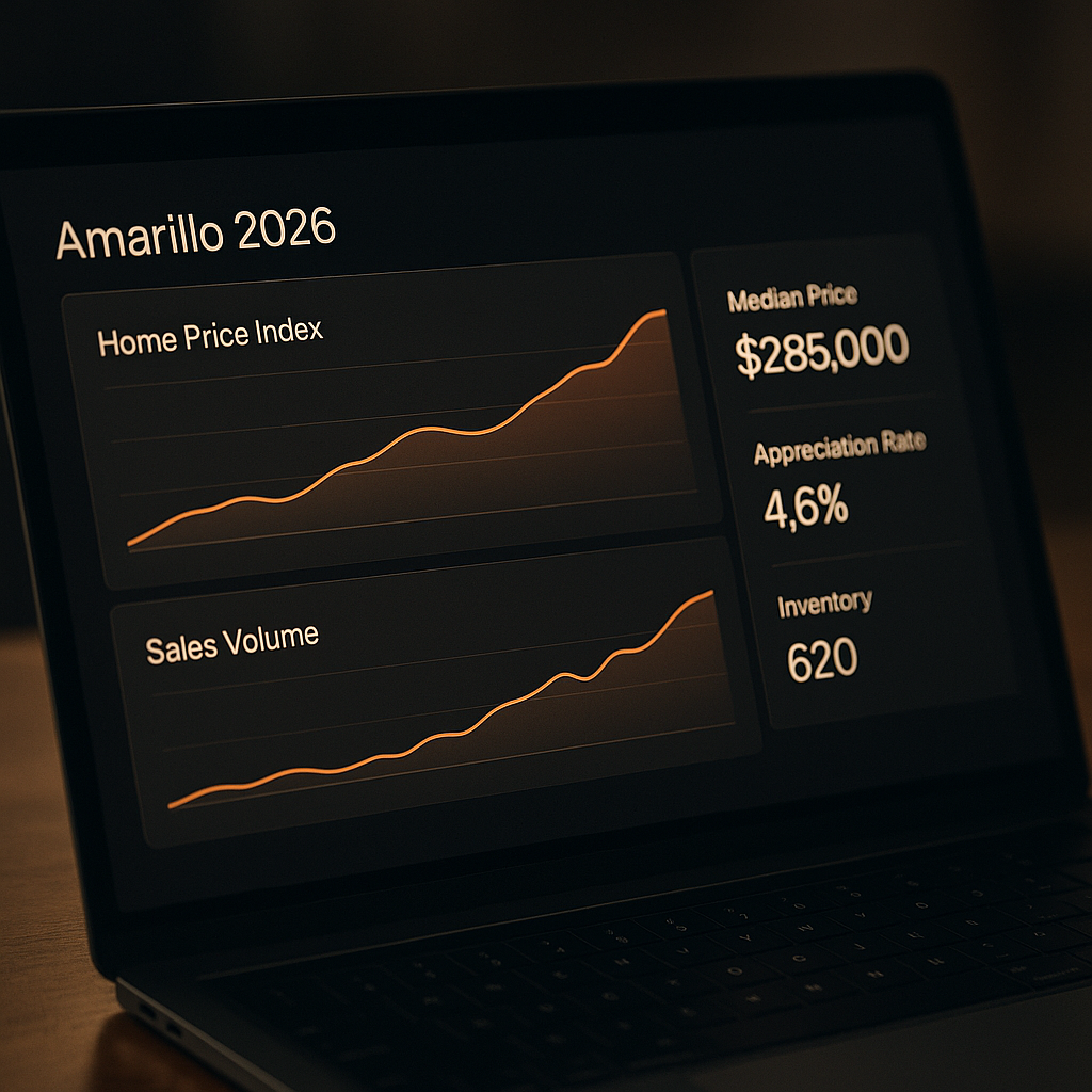 Digital dashboard showing Amarillo real estate market predictions with smooth growth graphs and warm orange Blaze brand highlights