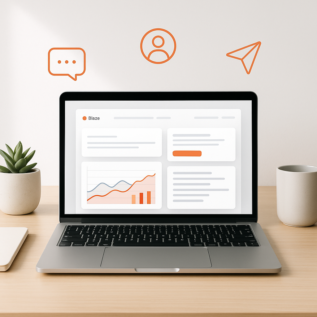 Modern laptop displaying layered data charts and real estate posts on a clean workspace with communication icons and orange Blaze highlights