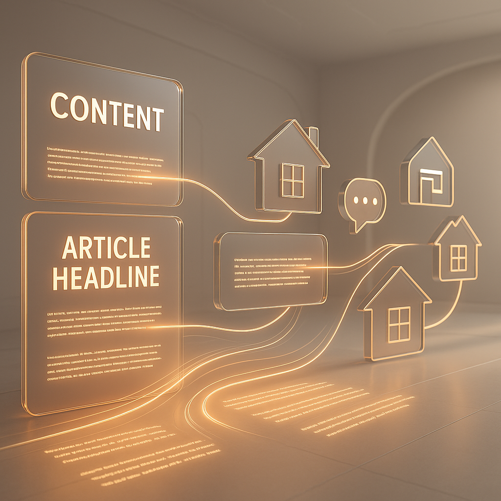 Conceptual content creation pipeline with text blocks and real estate icons