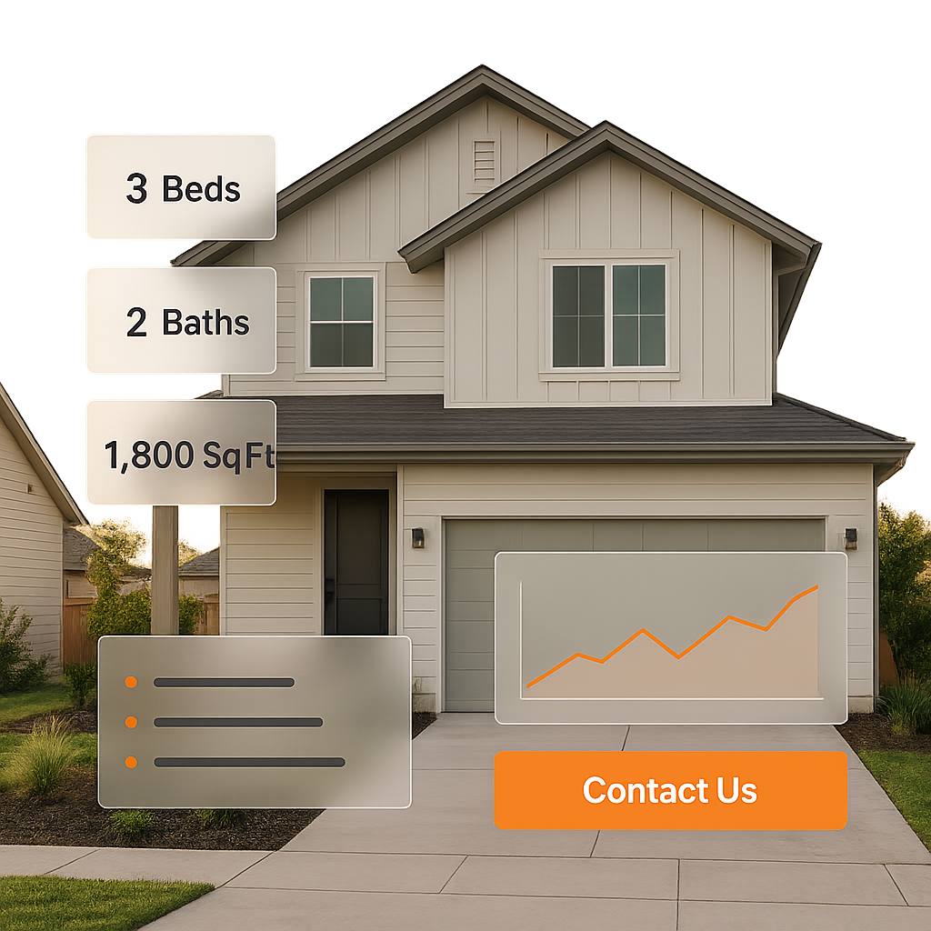 Modern home silhouette with real estate features and call-to-action prompts