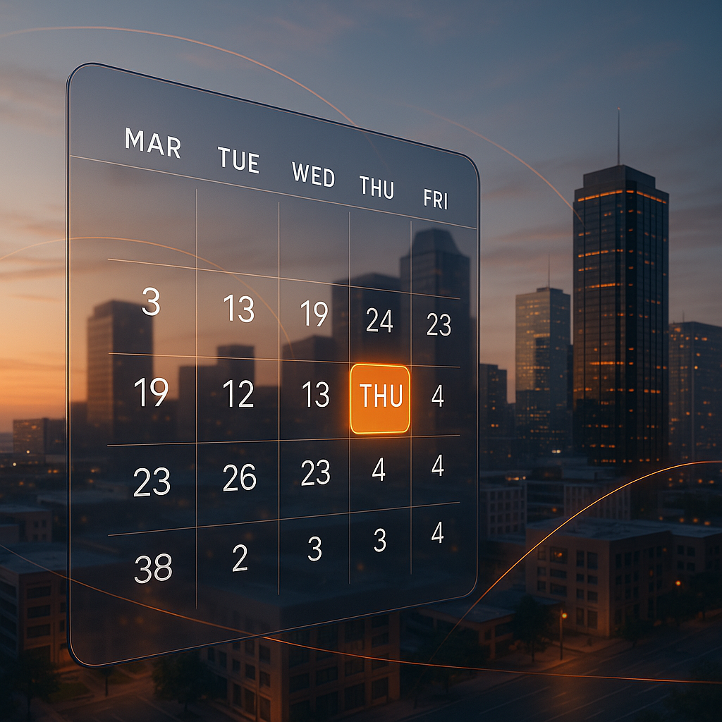 High-tech digital calendar highlighting late March dates over Amarillo city skyline at dawn reflecting the best week to sell