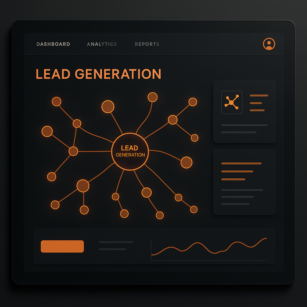 Digital dashboard showing interconnected nodes and pathways illustrating lead generation strategies in Amarillo’s real estate market with warm orange highlights