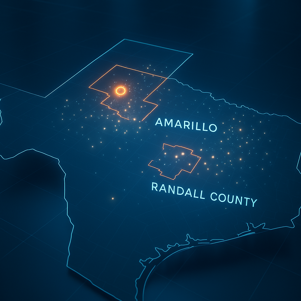 Digital map of Texas Panhandle highlighting Amarillo and Randall County with glowing nodes showing demographic shifts and investment zones