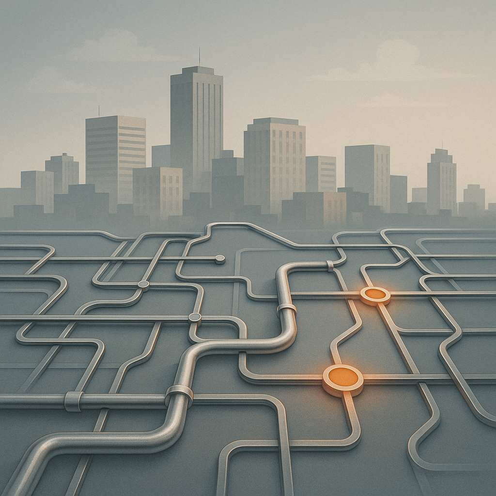 City skyline with network overlays representing infrastructure and water resource challenges