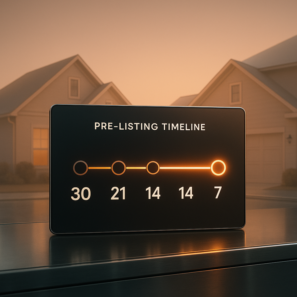 A sleek digital pre-listing timeline countdown from 30 to 7 days over minimalist Amarillo homes with soft orange Blaze brand highlights