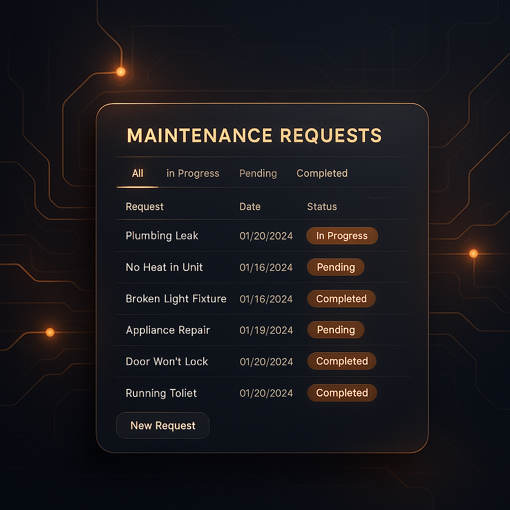 Digital maintenance request dashboard with orange highlights showing efficient data flow for submitting requests at Blaze