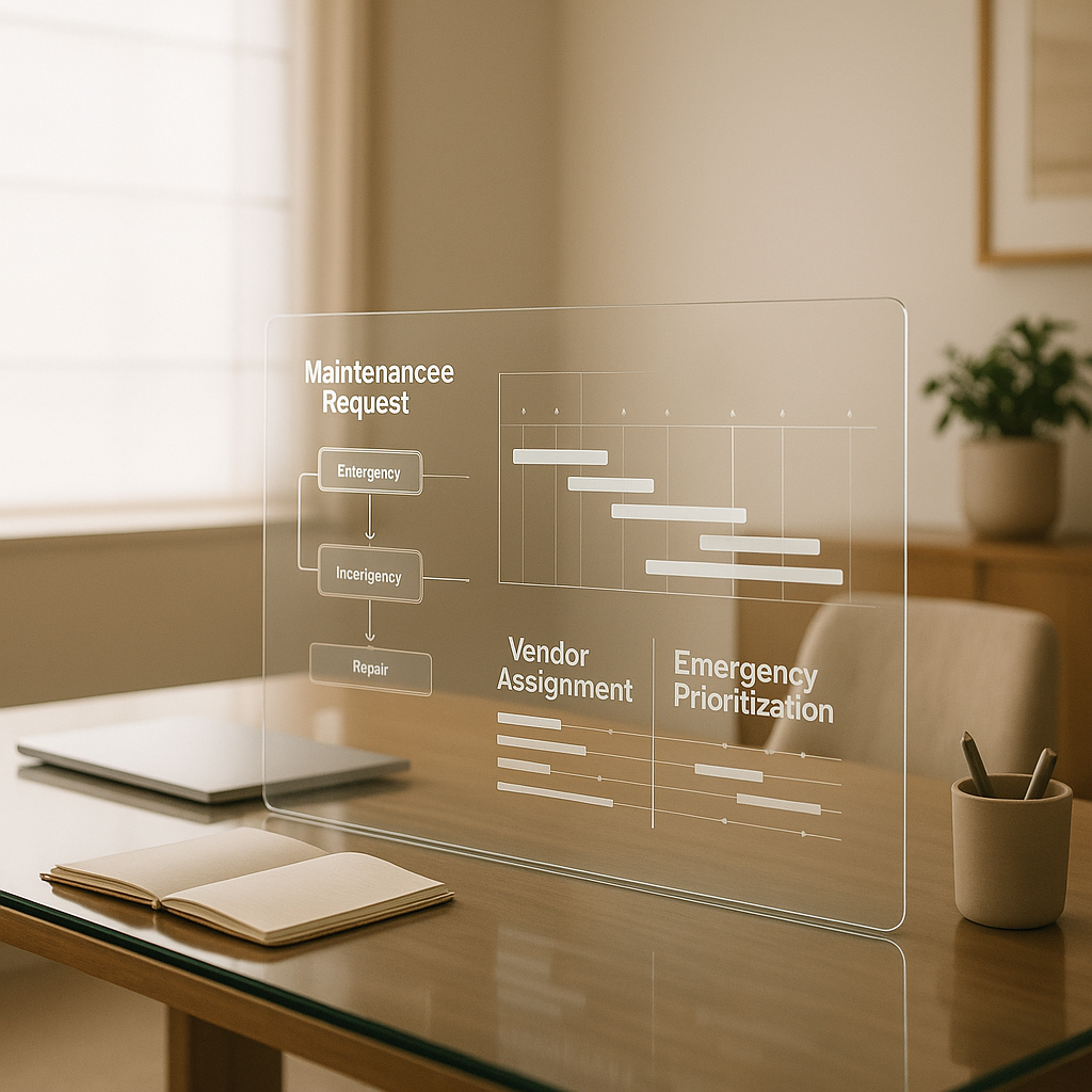 Modern office workspace coordinating maintenance schedules
