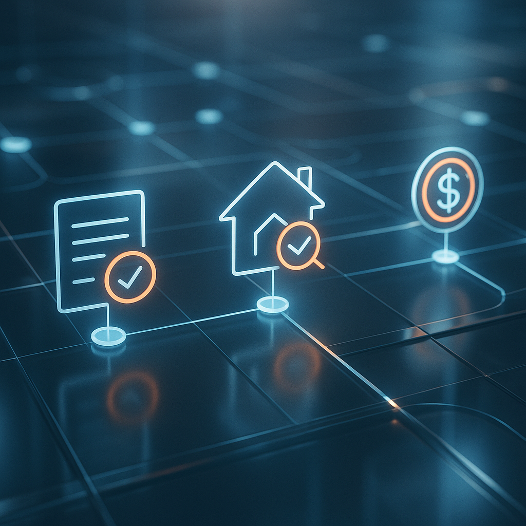 Abstract digital pipeline illustrating real estate closing steps with glowing nodes and pathways in cool blues and gray tones highlighting efficiency