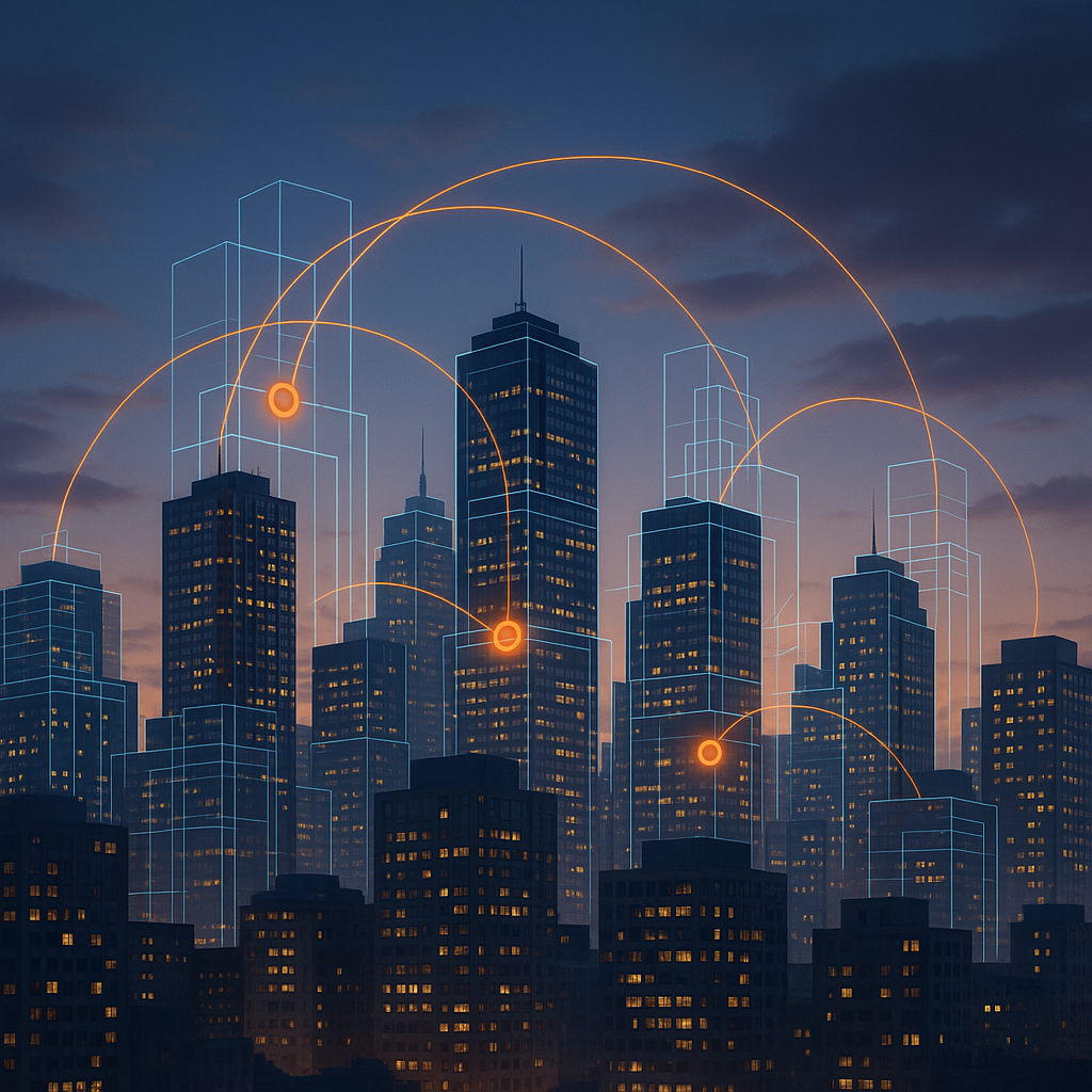 Conceptual city skyline with data streams showing real estate transaction network