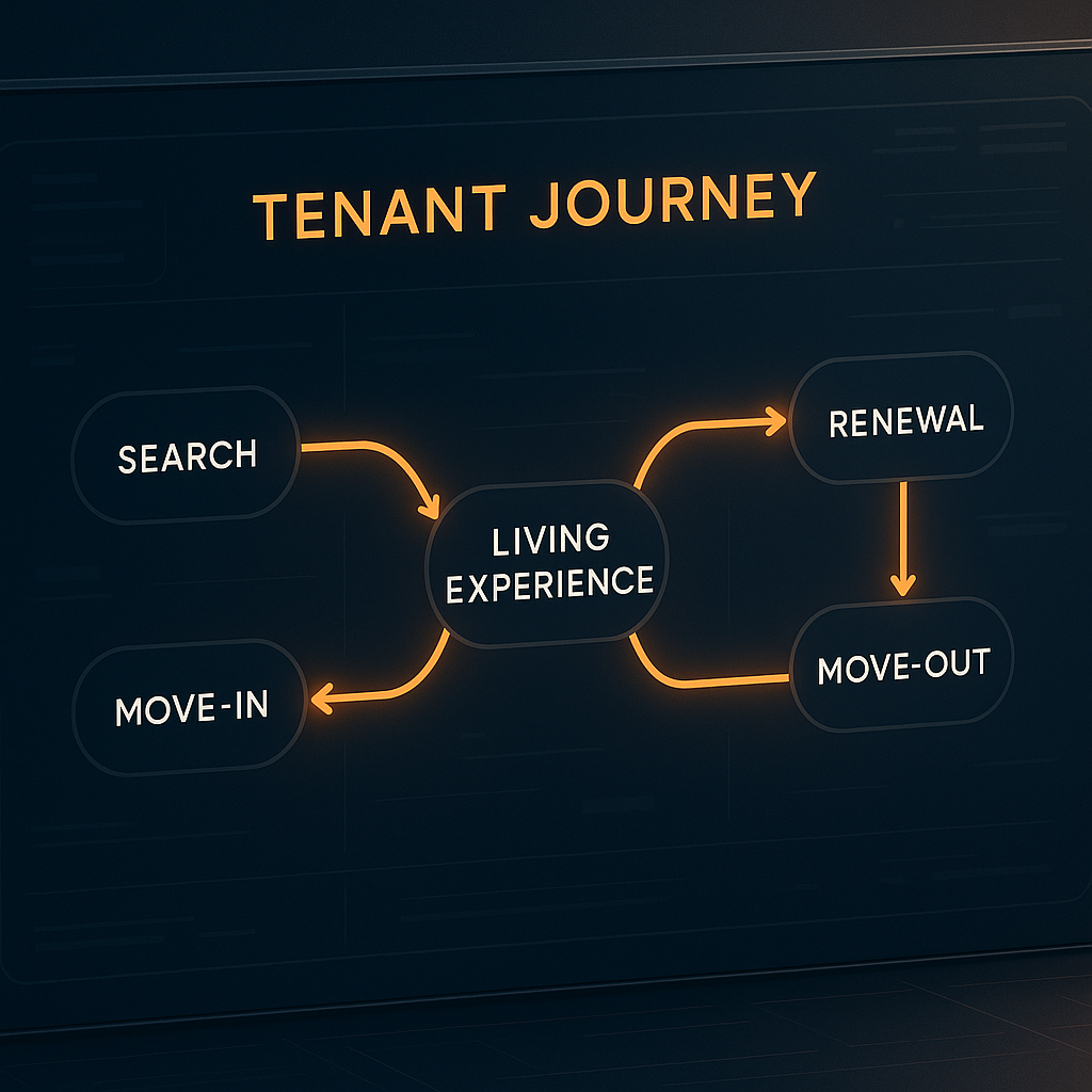 Digital dashboard showing tenant journey map with stages like search and move-in highlighted in soft orange Blaze tones on dark background