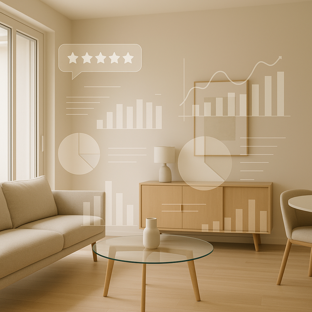 Modern apartment with AI analytics overlay symbolizing tenant feedback and predictive models