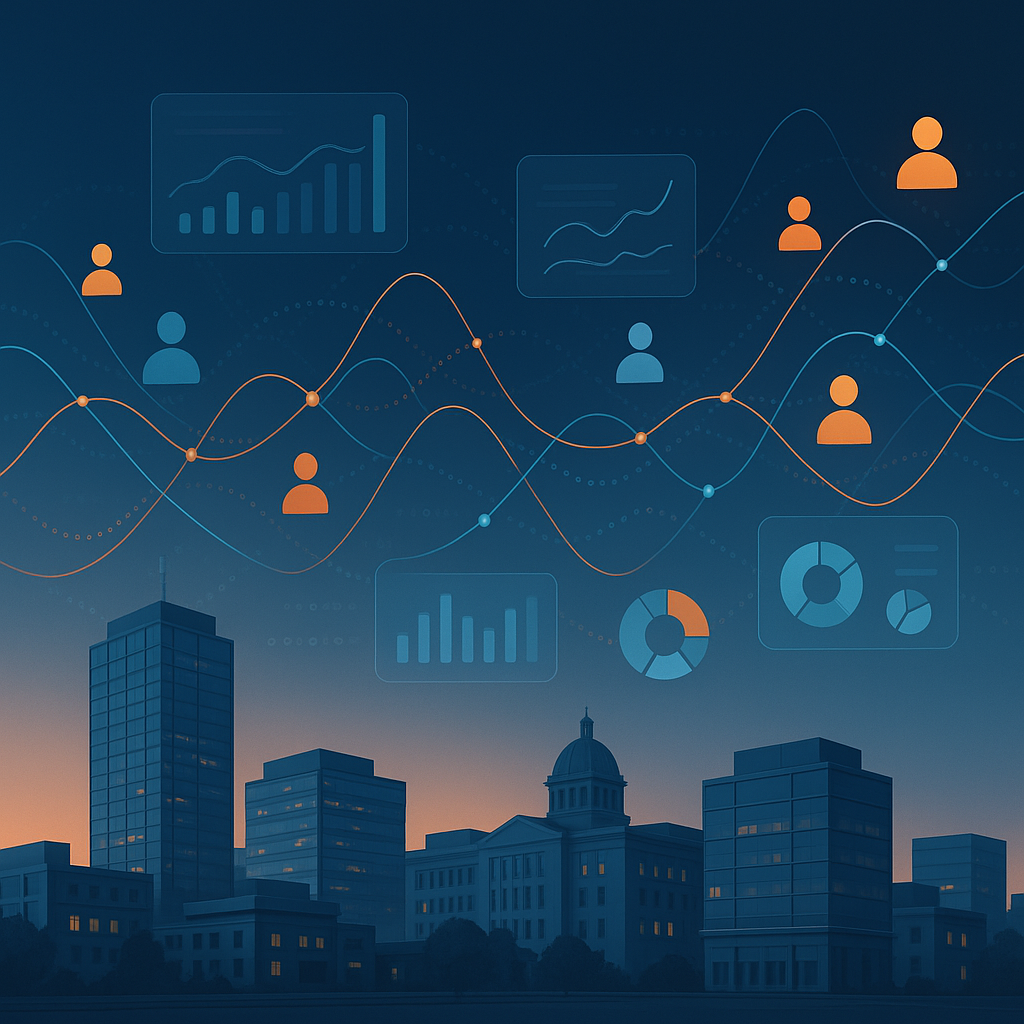 Abstract digital dashboard with data streams and demographic icons over Amarillo cityscape at dusk, illustrating buyer avatar profiling insights