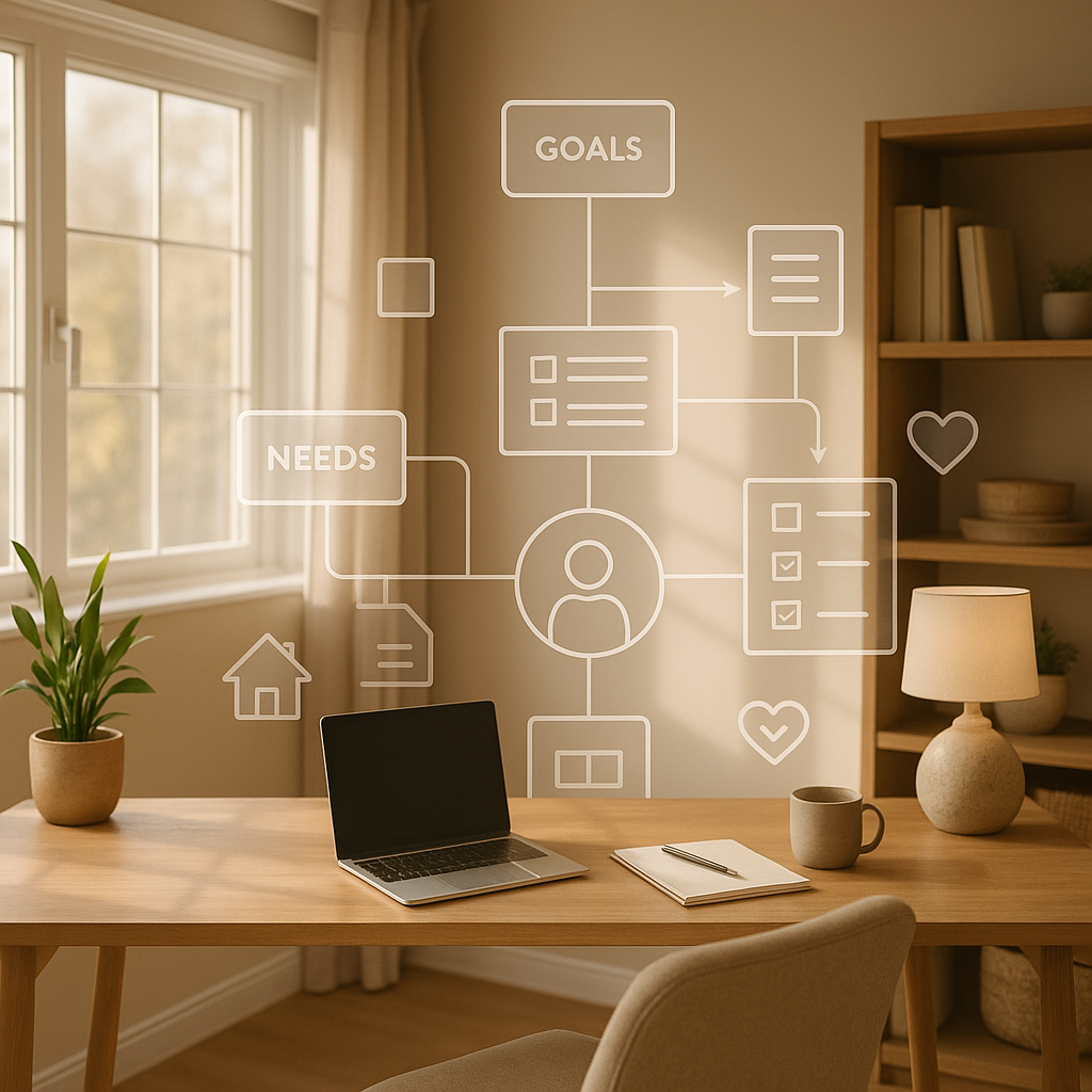 Organized home office with buyer lifestyle patterns overlay