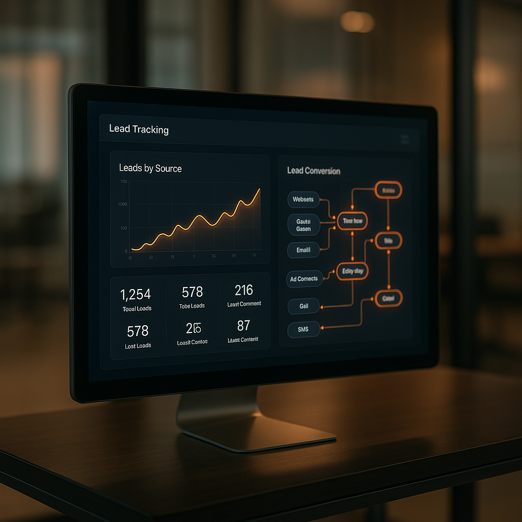 Digital dashboard showing lead tracking analytics and communication flows in a modern office for professional follow-up systems