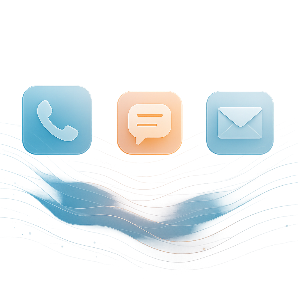 Responsive communication channels with message icons representing phone, text, and email