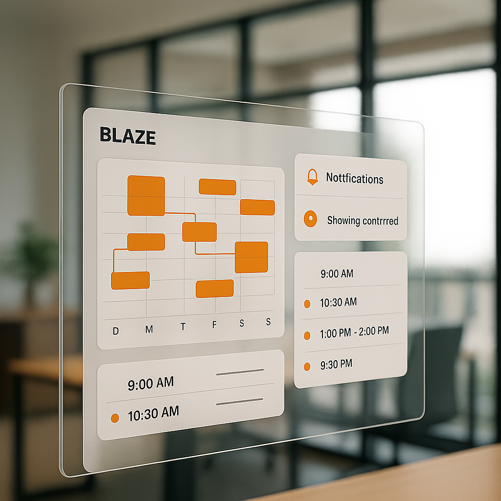 Digital scheduling dashboard on glass screen in modern office showing interconnected calendar blocks for managing showings efficiently