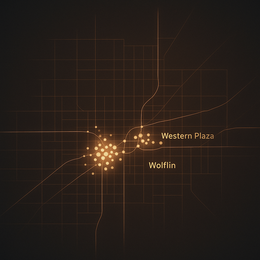 Abstract map highlighting Amarillo neighborhoods Wolflin and Western Plaza