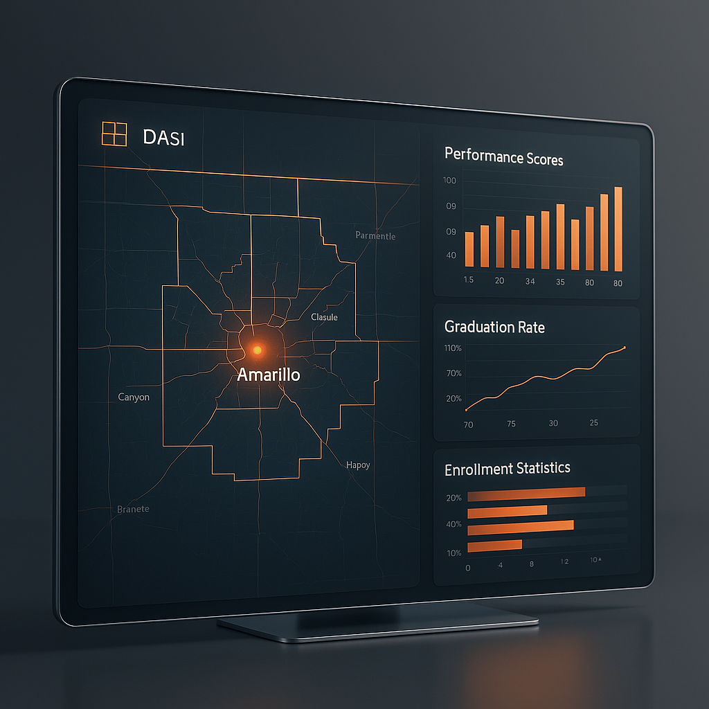 Digital dashboard displaying Amarillo school district boundaries, performance scores, and enrollment stats with modern high-tech design highlights