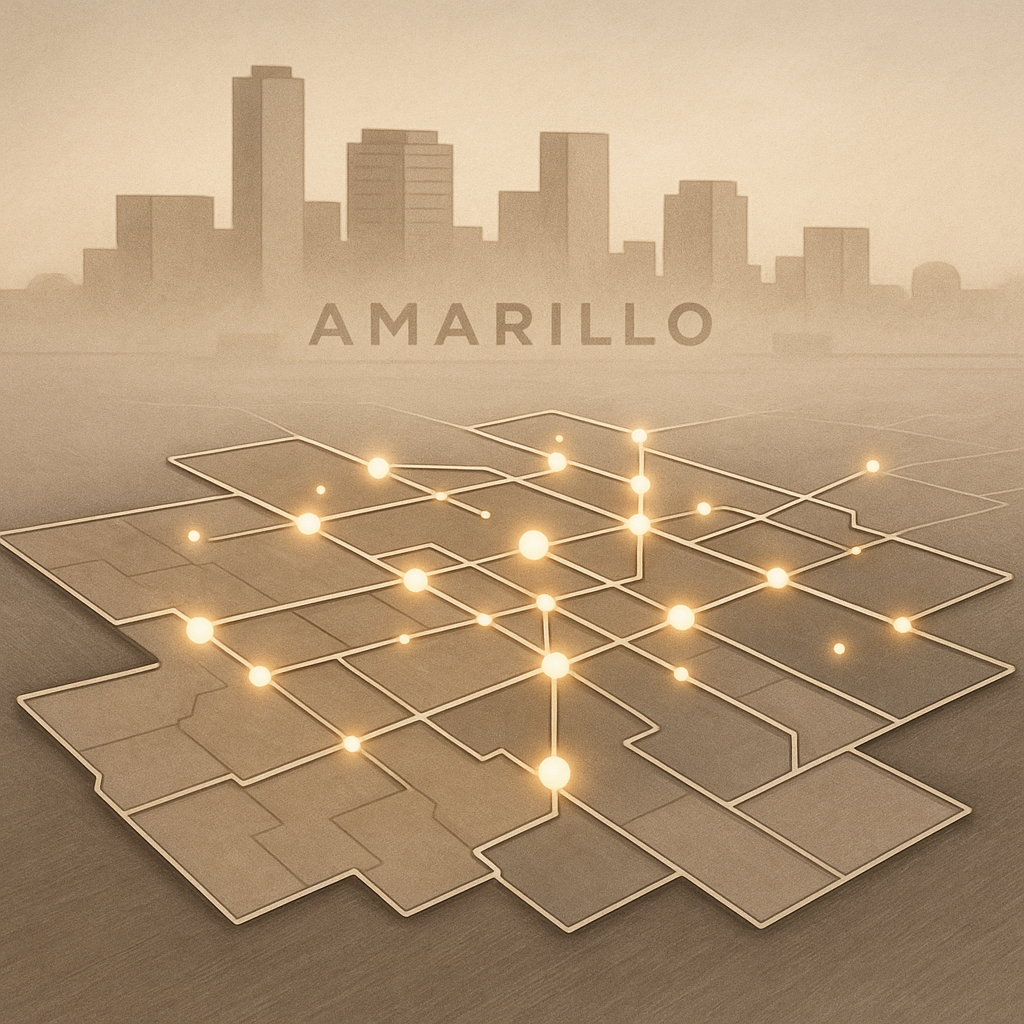 Geometric network representing Amarillo school districts with city skyline background