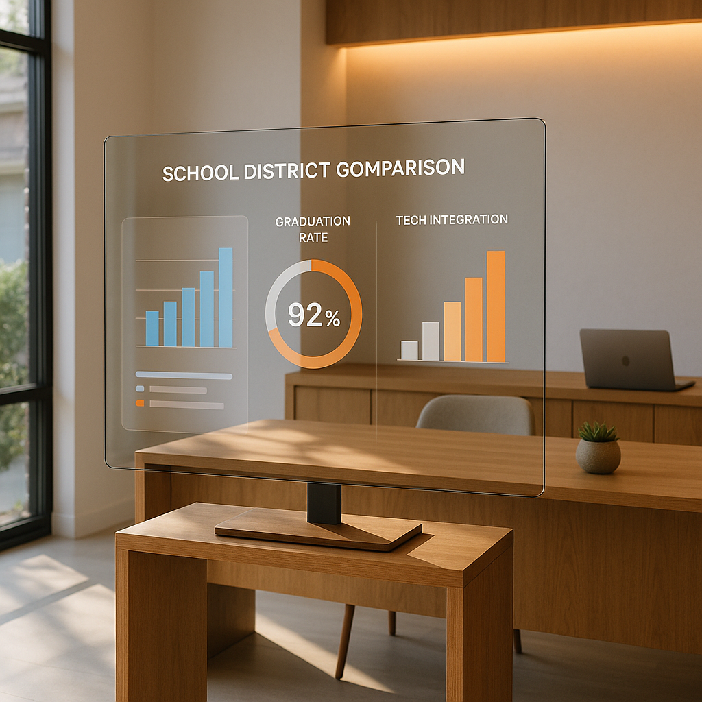 Modern real estate office with display showing school district comparisons
