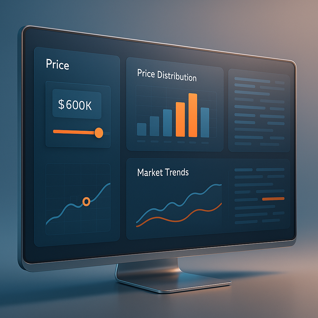 Sleek digital dashboard showing price filters and market data streams illustrating buyer psychology in pricing decisions