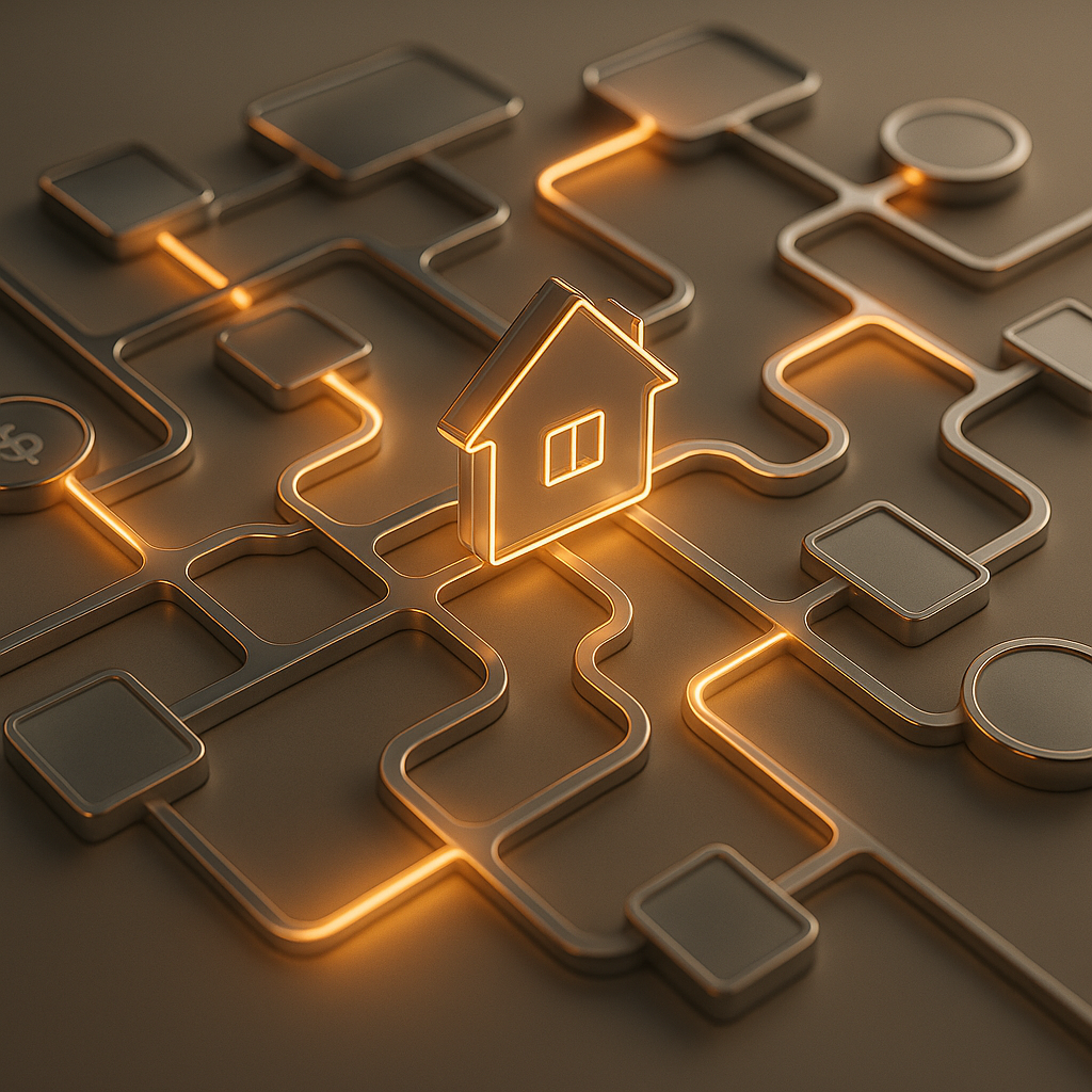 Abstract visualization of a homebuying financial journey with pathways representing fees and loans