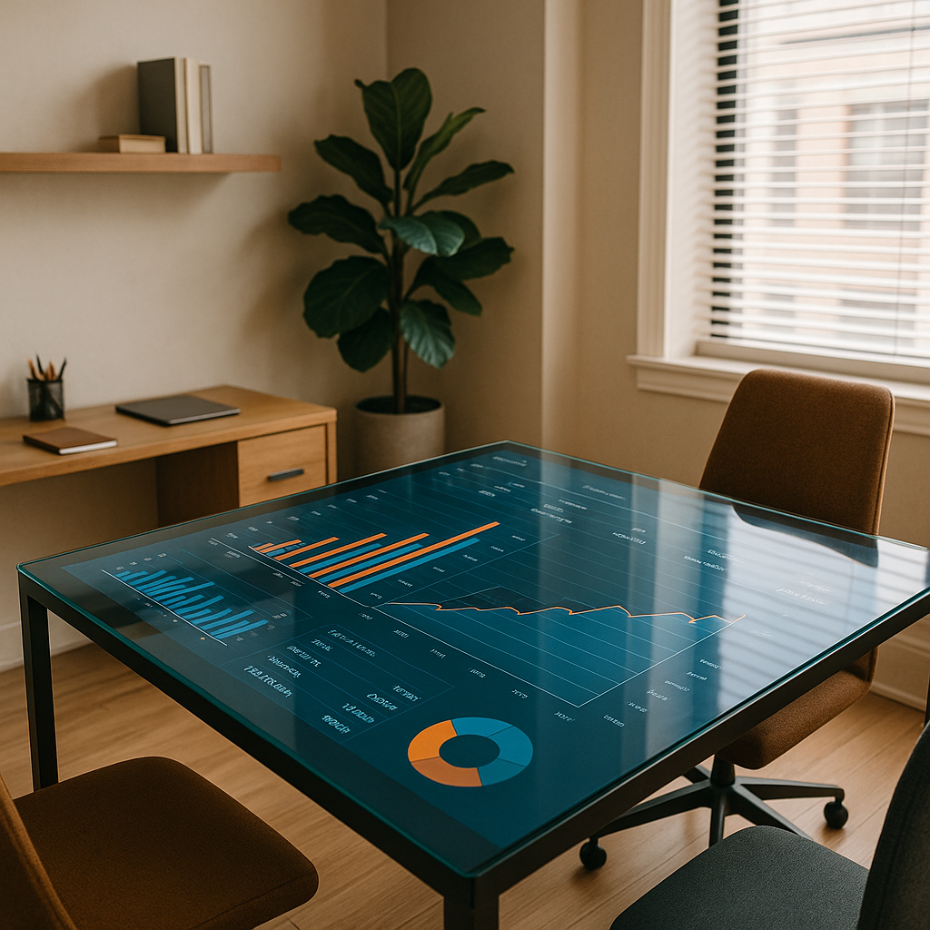Modern office space with touchscreen showing market data and closing cost estimates
