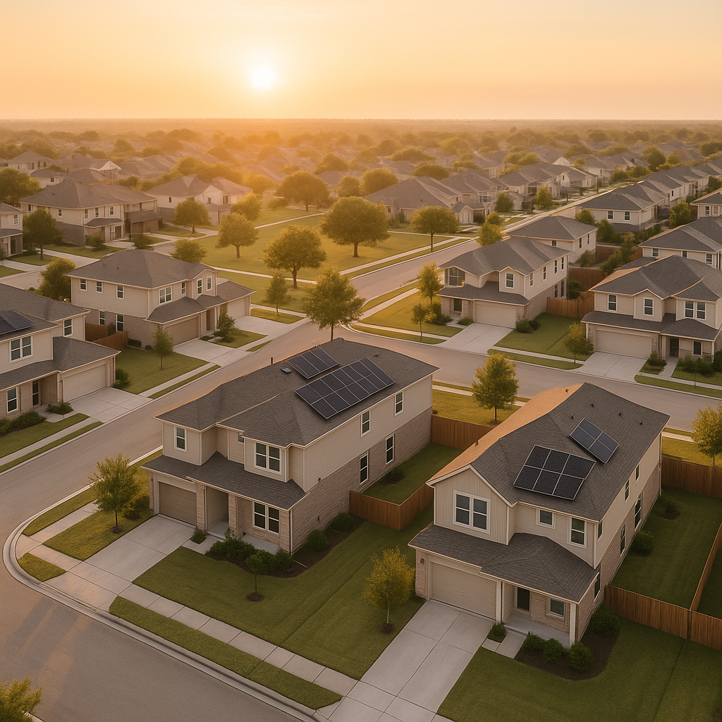 Aerial view of Hillside Terrace suburban neighborhood at sunrise featuring modern homes with solar panels and spacious yards in a calm setting