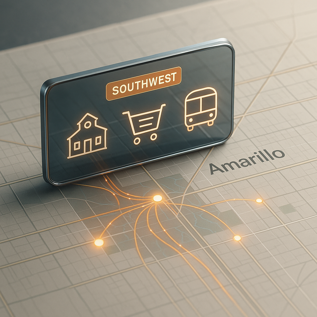 Digital map showing Amarillo's southwest area with schools and amenities