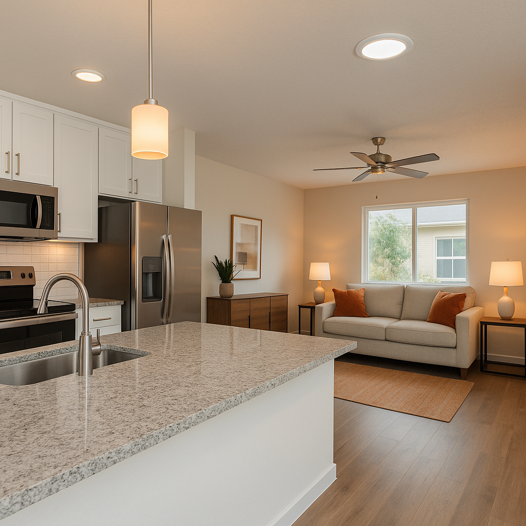 Modern staged interior with granite countertops and energy-efficient lighting