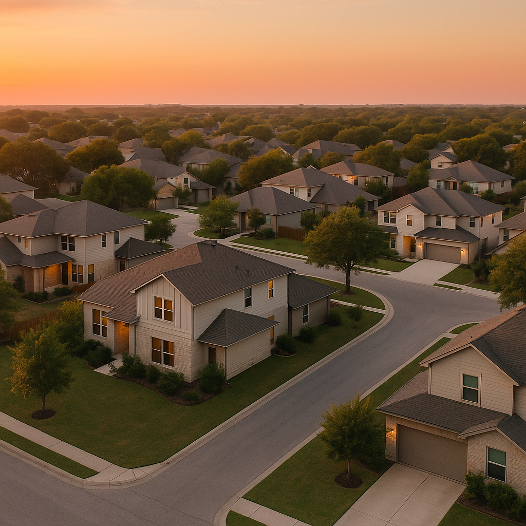 Aerial view of Sleepy Hollow neighborhood in Amarillo at sunset showing spacious homes with well-kept yards and mature trees in soft orange light