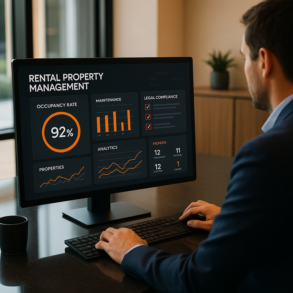 Digital dashboard showing rental property management analytics with occupancy rates and maintenance schedules in a modern office setting