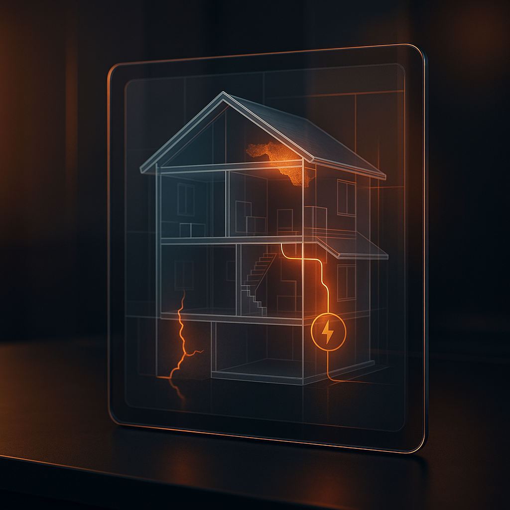 Digital interface shows layered architectural cross-sections highlighting hidden home signals like cracks and stains in a modern setting