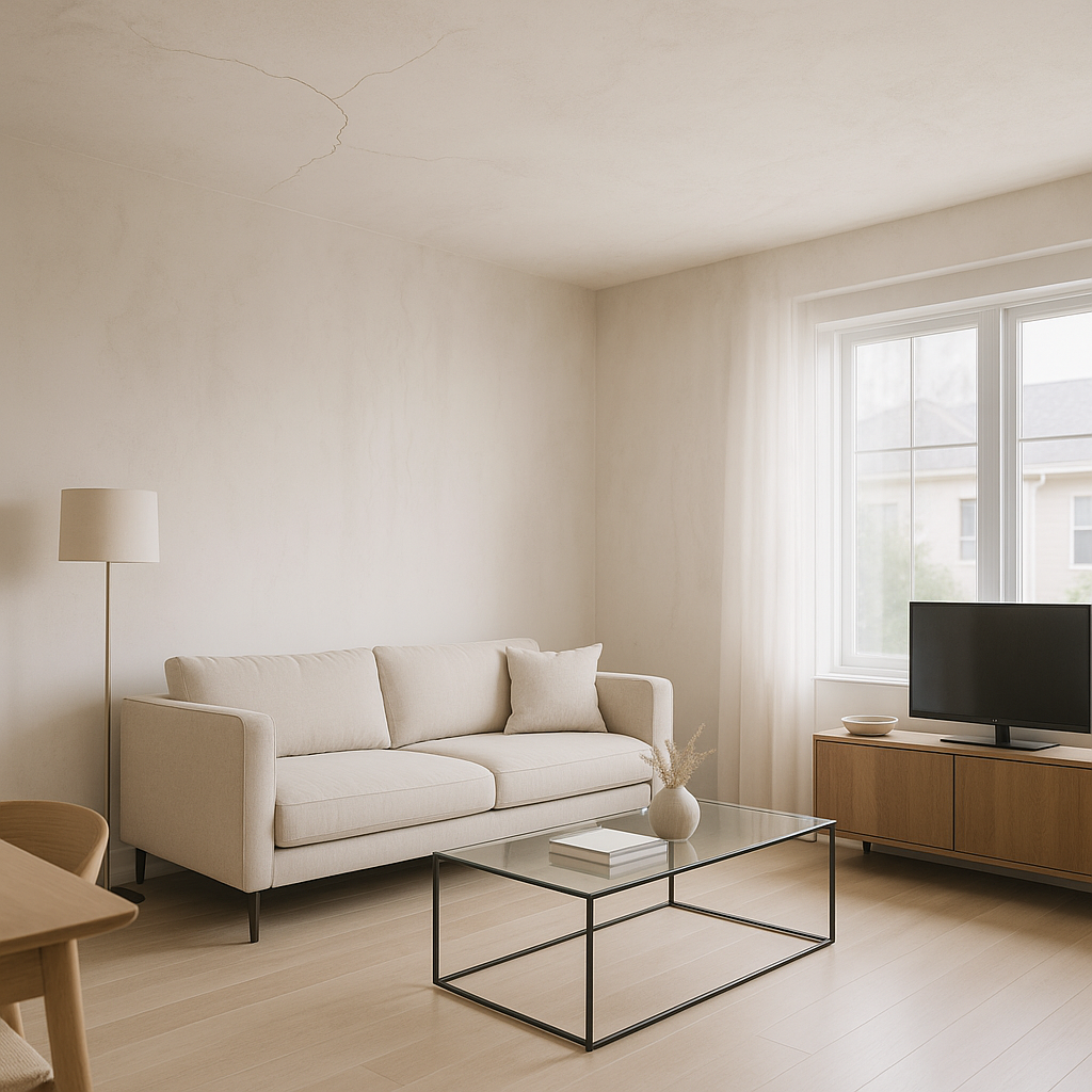 Minimalist staged interior with subtle cracks and moisture overlays