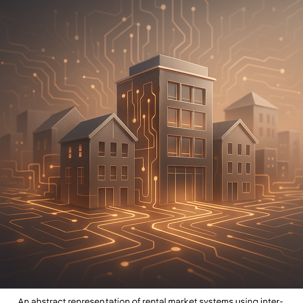 Abstract rental market systems with architectural shapes and circuits