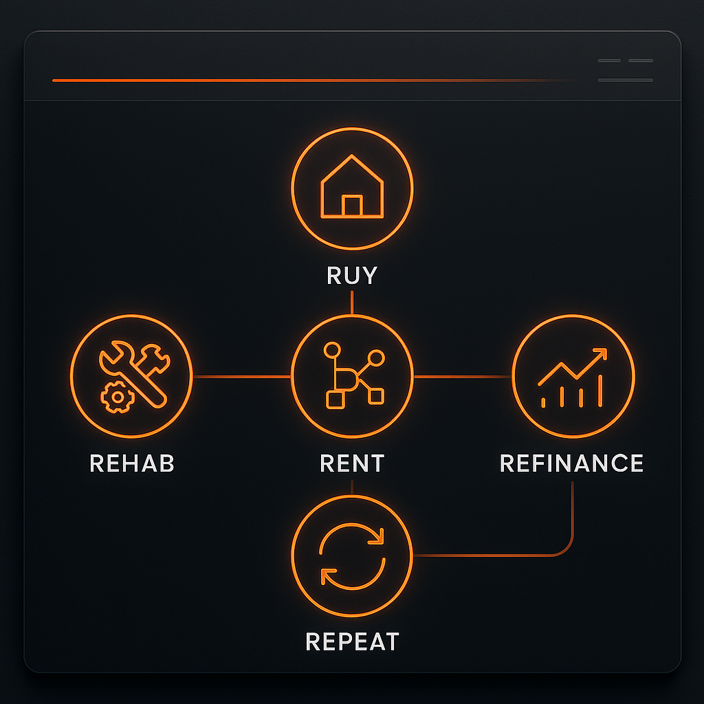 Digital dashboard showing the BRRRR method cycle with icons for buying, rehabbing, renting, refinancing, and repeating in dark mode design