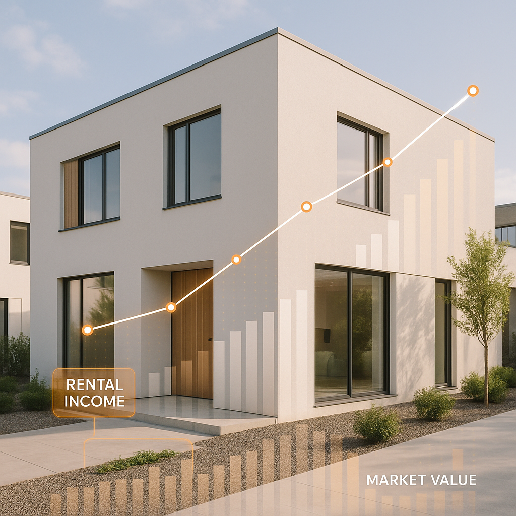 Modern residential building with rental income data overlays