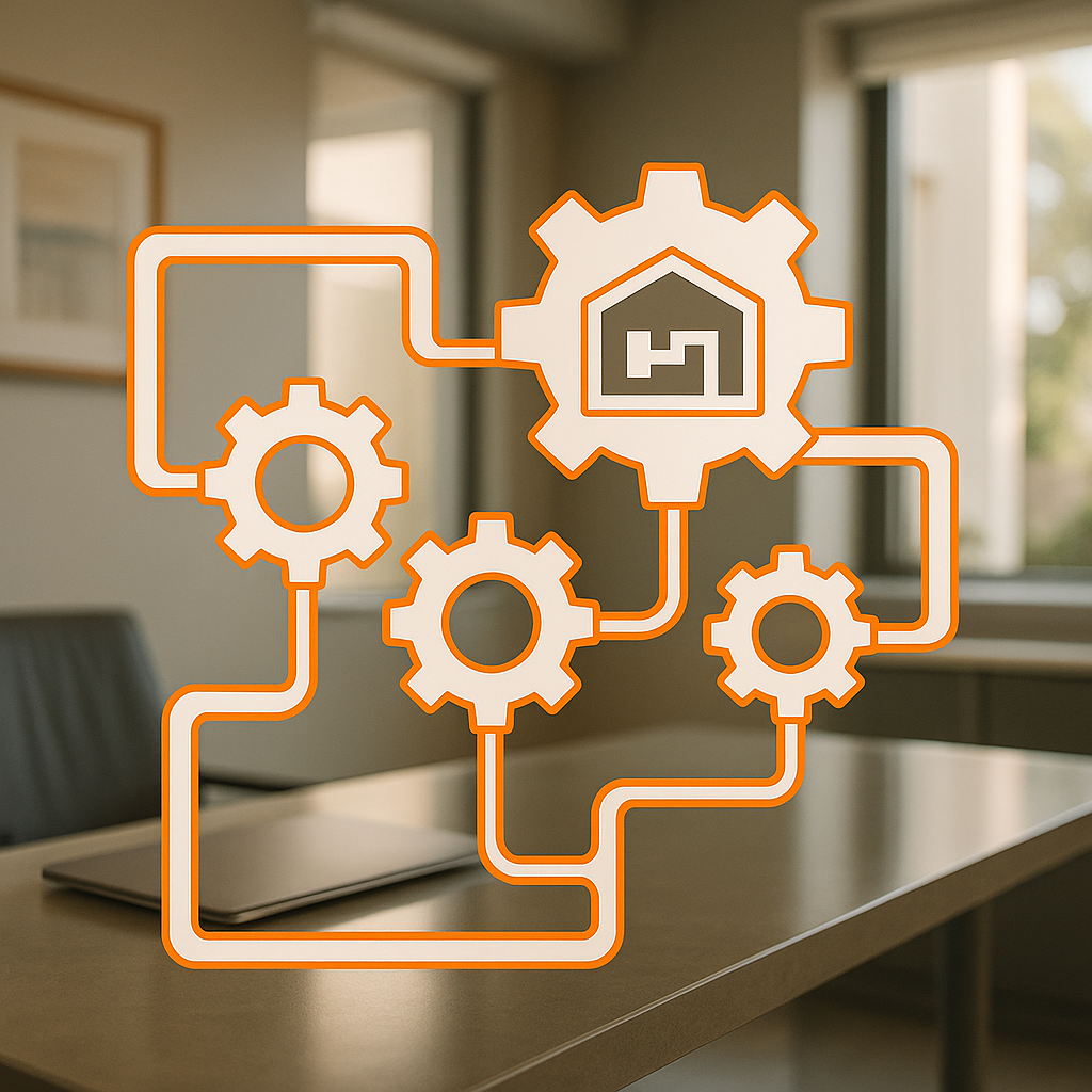 Home inspection and closing process represented by interconnected gears and pipelines