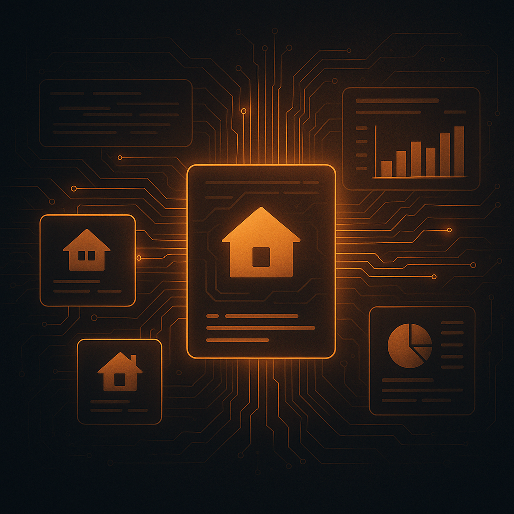 Sleek digital dashboard showing interconnected property icons and data streams, illustrating seamless owner onboarding process in a high-tech setting with Blaze branding