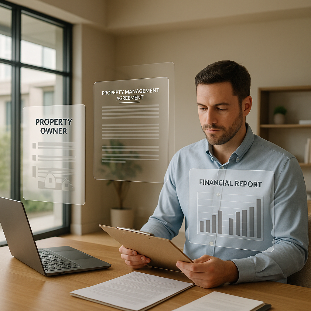 Modern office with property management documents and financial charts