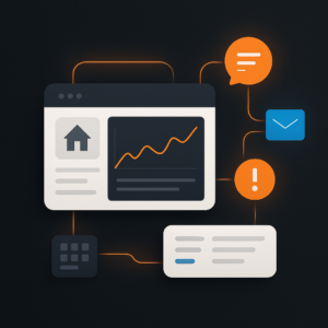 Digital dashboard with data streams and notifications highlighting landlord communication skills relevant to managing tenant red flags