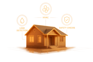 Conceptual illustration of proactive property maintenance showing digital indicators around a rental home to symbolize early issue detection and ongoing oversight.