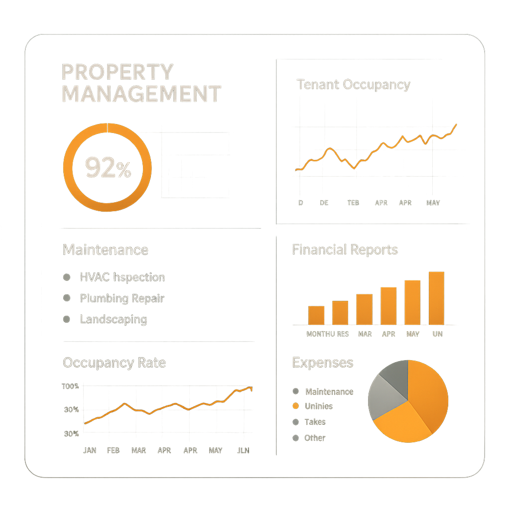 High-tech digital dashboard showcasing property management analytics with real-time occupancy data and maintenance schedules on a sleek glass interface