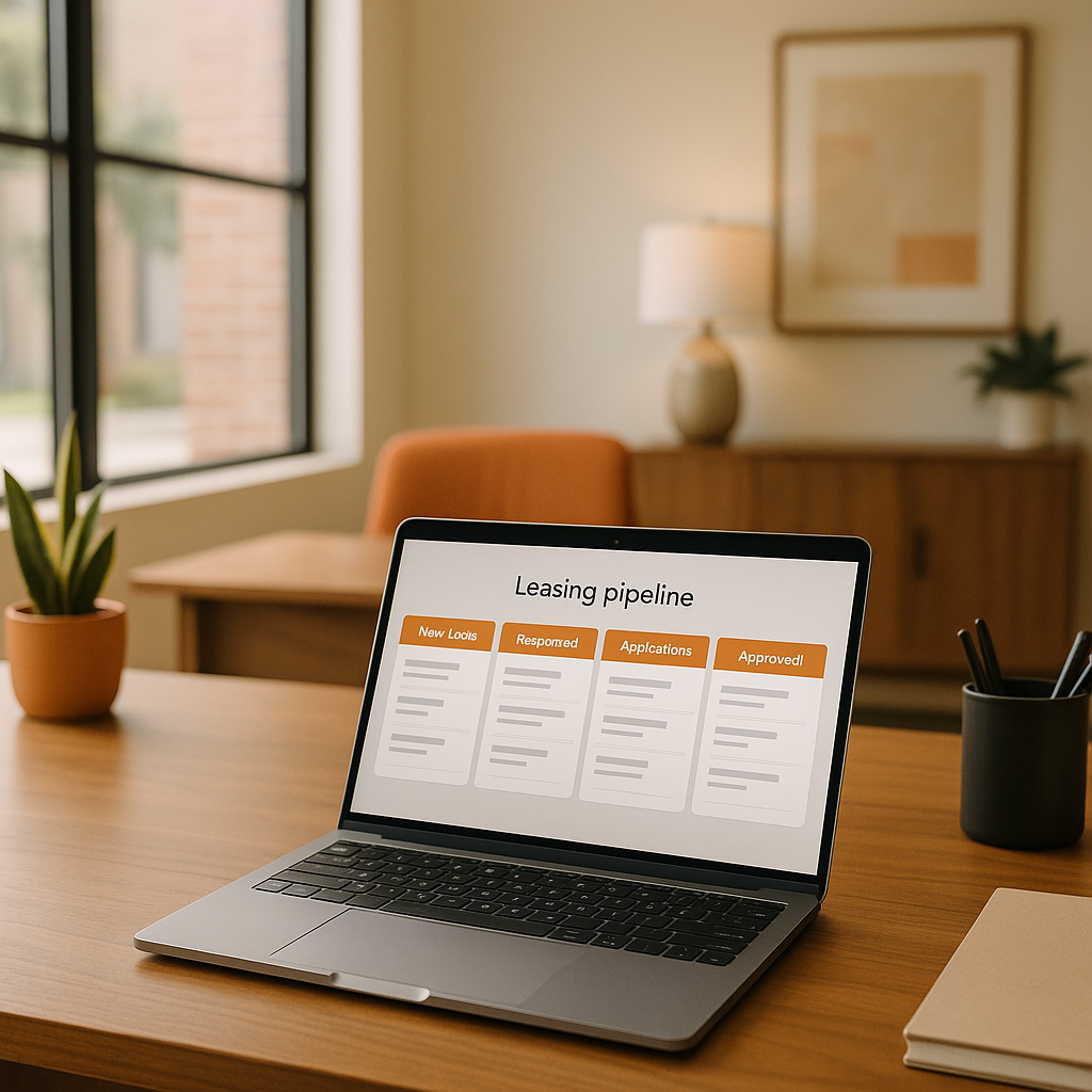 Modern property management office in Amarillo with a sleek desk showing the Blaze Leasing Pipeline dashboard and warm natural lighting