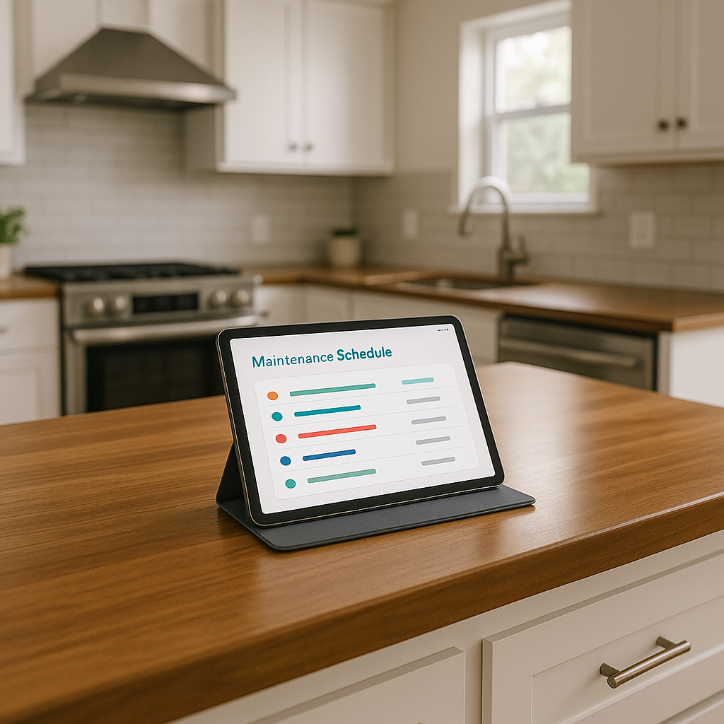 Tablet showing maintenance schedule in rental home kitchen