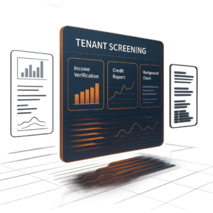 High-tech digital dashboard showing layered tenant screening data streams with Blaze brand tones and transparent interface