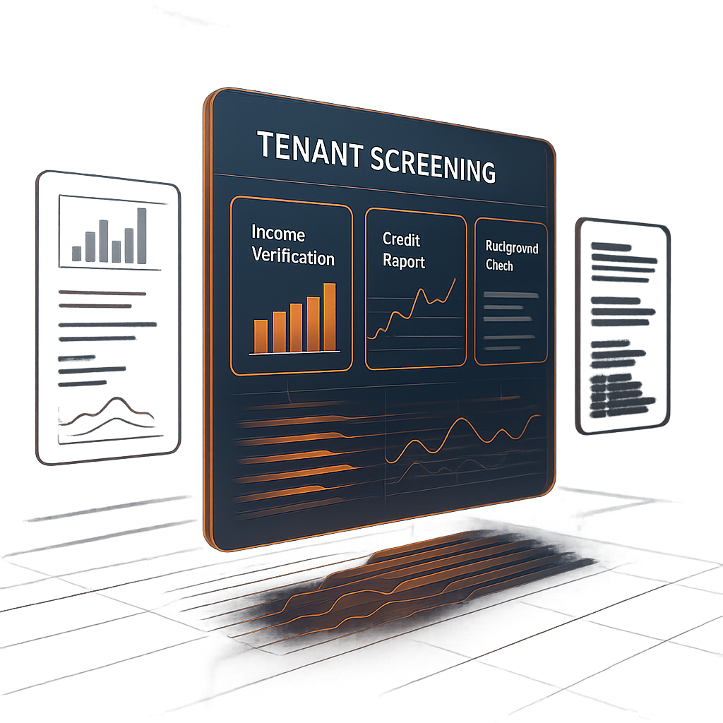 High-tech digital dashboard showing layered tenant screening data streams with Blaze brand tones and transparent interface