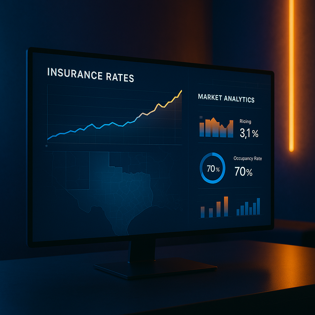 High-tech digital dashboard showing rising insurance rate graphs and market data over Texas Panhandle for investor insights