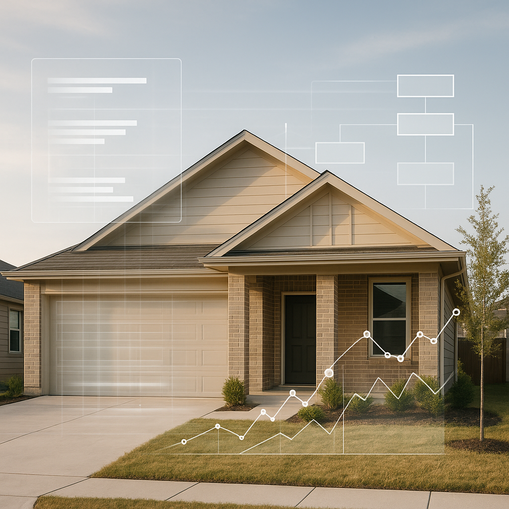 Modern rental property exterior with data streams symbolizing strategic insurance planning